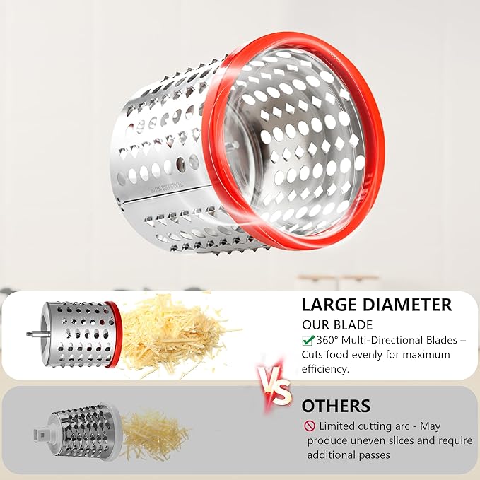 4-in-1 Rotary Cheese Grater Handheld, Lightweight Body with 4 Stainless Steel Blades & Non-Slip Suction Base, for Shredding Parmesan, Slicing Vegetables, Grating Chocolate（Red）