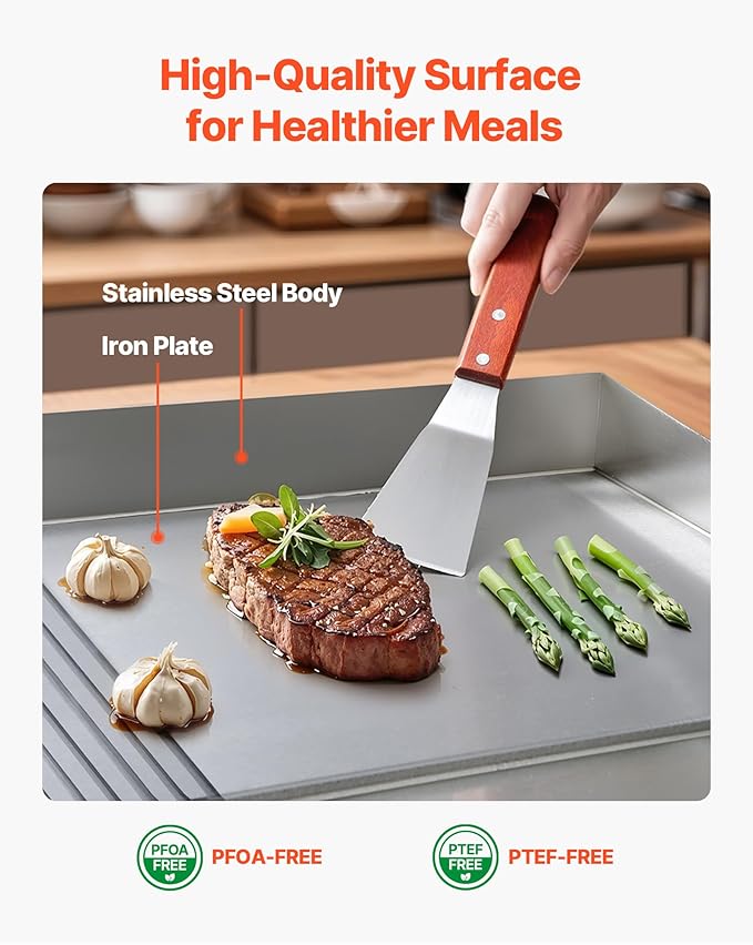 VEVOR Commercial Electric Griddle, 28.54 x 15.75 in, 2800W, 122-570°F Adjustable Temp Control, Stainless Steel, Half Grooved Half Flat, with 2 Spatulas, 2 Brushes, and 4 Foot Pads, for Steak(NO PLUG)