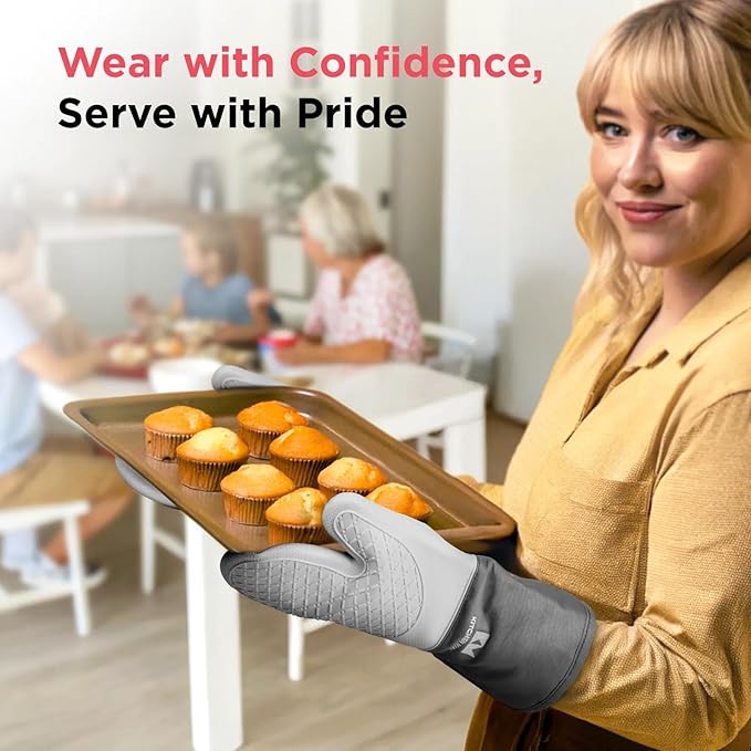 Kitchen Mama UltraShield Silicone Oven Mitts – Heat Resistant, Non-Slip Surface, Durable, Safe, Pot Holders, FlexiblWaterproof Glove Set, Perfect for Cooking, Baking, Grilling, BBQ (Red)