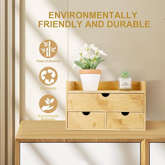 Charmewooden Bamboo Desk Organizer With Drawers Countertop Drawers Counter Storage Box Corner Desk Organizer for Home Office No Assembly Required (3 Drawers with shelf)