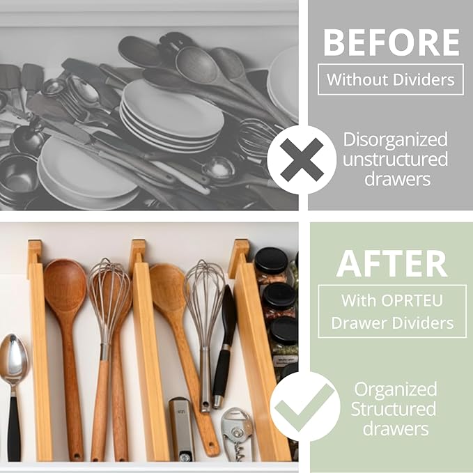 6-Pack Bamboo Drawer Dividers Organizer – Expandable 17''-22'' Kitchen & Clothing Storage for Deeper drawers of Dresser, Bedroom, Kitchen, Office