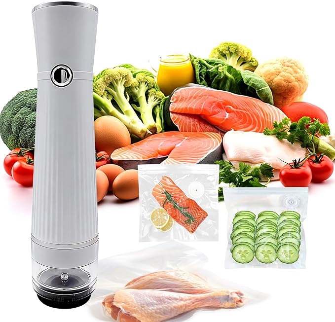 RAIN SPIRIT Handheld Vacuum Sealer for Food, Compact Vacuum Sealer Machine,Cordless Portable Food Saver Machine & Reusable Bags Compact for Travel, rechargeable vacuum sealer (White with 10 bags)