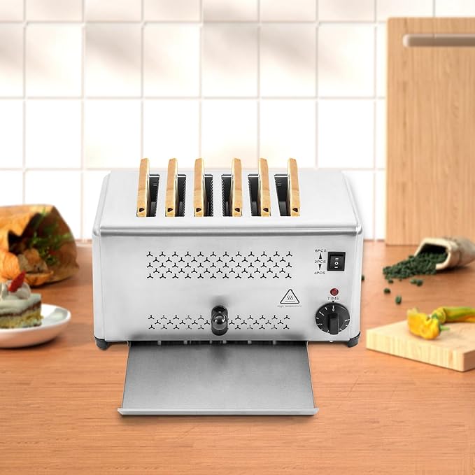 Stainless Steel 6 Slice Toaster, Electric Bread Baking Machine Commercial Toaster with Crumb Tray and Timer Bread Toasters for Home Kitchen Restaurant Bakery (3 Modes/1650W)