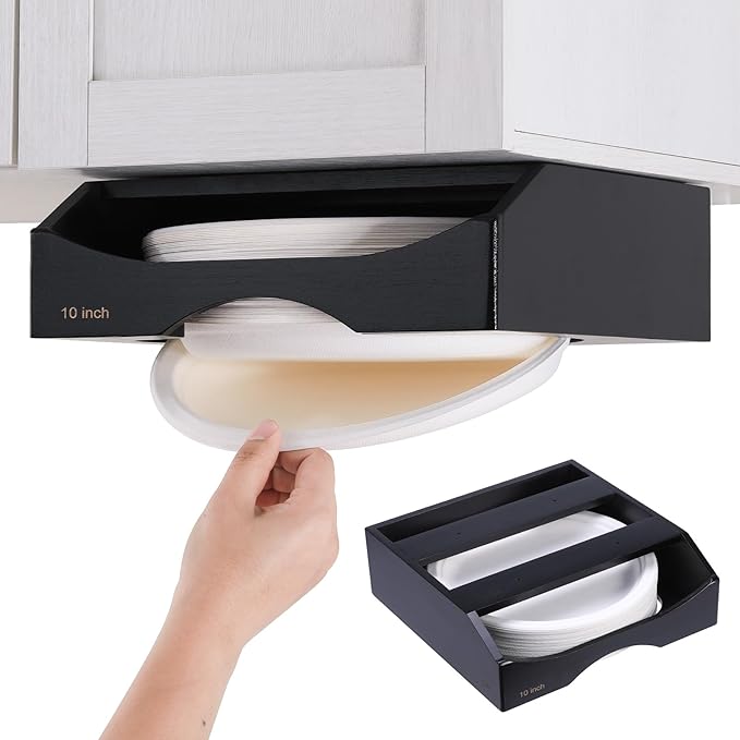 10-inch Paper Plate Dispenser Under Cabinet,Bamboo Paper Plate Holders,Kitchen Counter Vertical Plate Dispensers Holders Countertop Caddy (For 10-inch Plates,Black)