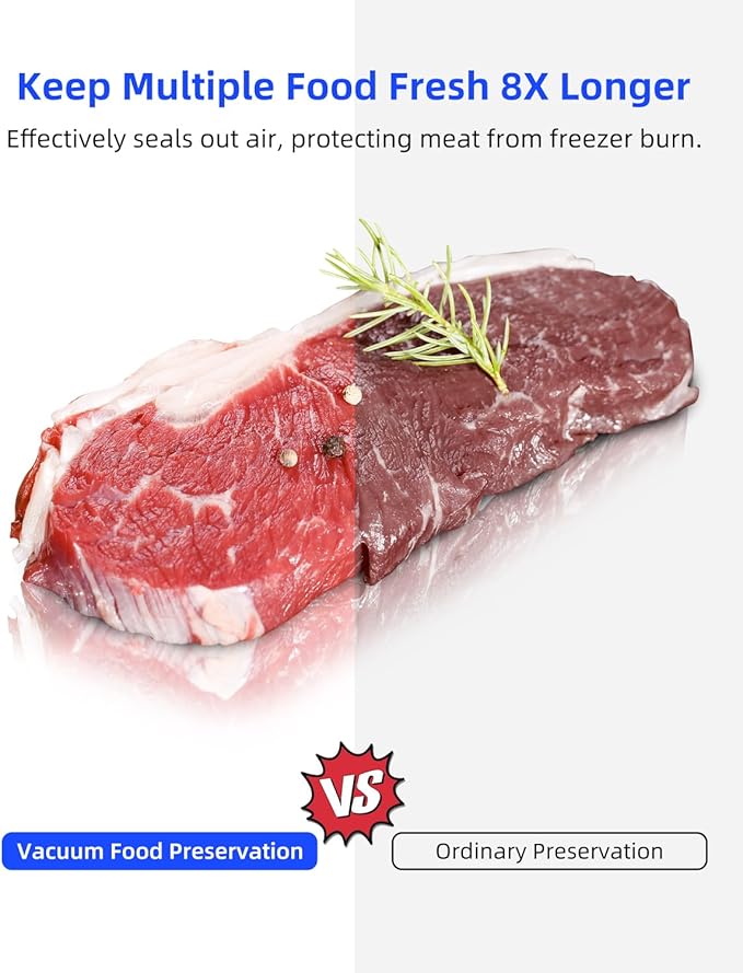 Vacuum Sealer Machine for Food, 80KPA Powerful 8-in-1 Automatic Vacuum Food Sealer with Dry & Moist Modes, Bag Storage, Cutter, Digital Countdown, 20 Pre-Cut Bags & External Air Suction Hose