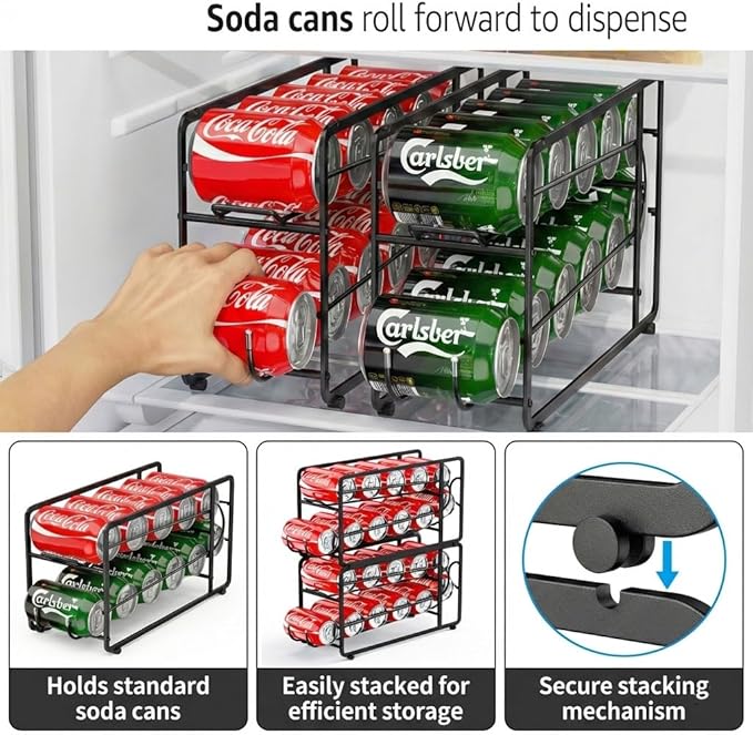 CANYAVE Soda Can Organizer Storage Rack, 2 Pack Stackable Beverage Soda Can Dispenser Organizer Holder for Refrigerator, Cabinet, Pantry (Black)