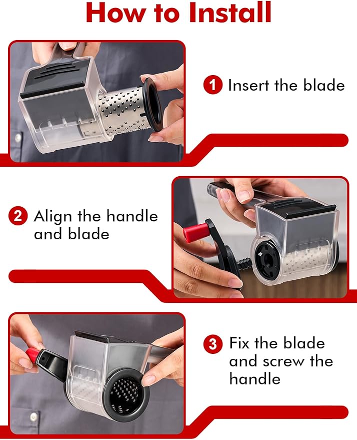 GDL Cheese Grater with Handle, Compact Parmesan Cheese Grater for Kitchen, Dishwasher Safe Parmesan Grater with Stainless Steel Blade for Cheese, Nuts, Chocolate and More, Black