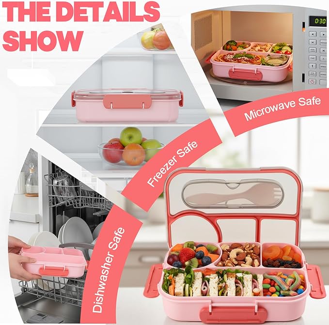 Bento Box for Adults,4 Compartments Lunch Box, Snack Containers Reusable Lunch Containers Drop-Proof, Dishwasher Safe & Made with BPA-Free Materials, Pink
