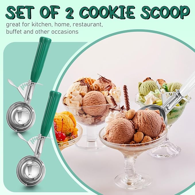 Reallnaive 2 Pcs Release Cookie Scoops Ice Cream Scooper with Trigger Release Portion Scoop Stainless Steel for Portion Control, Baking Food, Cookie Dough (3.25 oz,Green)