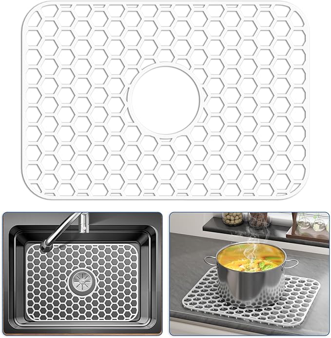 Bestjing Silicone Sink Protectors for Kitchen Sink with Center Drain - 18.2"x12.5" Kitchen Protector Accessory, Non-Slip Heat Resistant Mat for Bottom of Porcelain Stainless Steel (White)