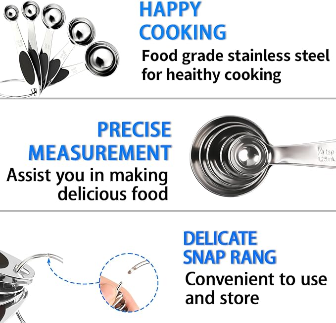 Magnetic Measuring Cups and Spoons Set, 12 Piece Stainless Steel Measuring Cups and Spoons Set, Nesting Kitchen Gadgets with Removable Clasp for Cooking & Baking (Black)