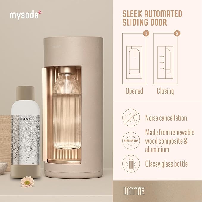 Mysoda Glassy Sparkling Water Maker + 1L Glass and Plastic Bottle - Silent Carbonated Water Machine Soda Maker with Sliding Door Opening - No Cylinder Included - Latte
