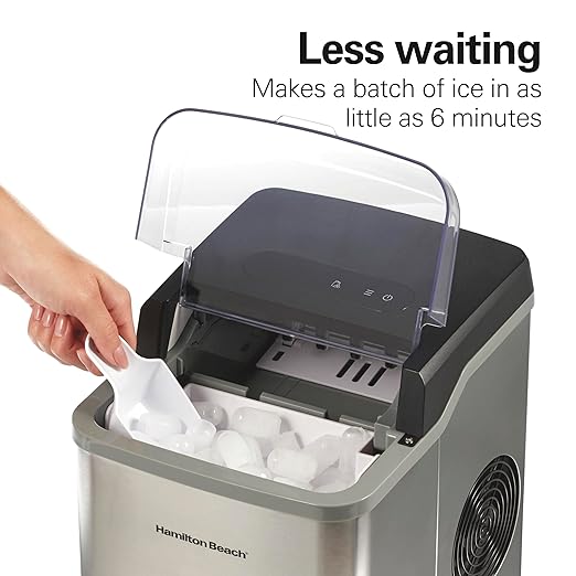 Hamilton Beach Bullet Countertop Ice Maker Machine, Makes 26 Lbs/Day, 9 Cubes Every 6 Minutes, Self-Clean Function, for RV, Office, Kitchen, Dorm, Makes 2 Sizes, Brushed Stainless Steel (86152)