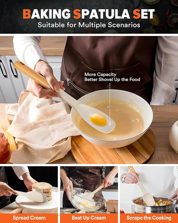 Silicone Spatula Spoon Set, Great for Mixing, Folding, Scraping, and Spreading, Sturdy BPA-Free Matte Silicone, Wooden Handle Rubber Spoonula for Nonstick Cookwares,4 Pack (KHAKI)
