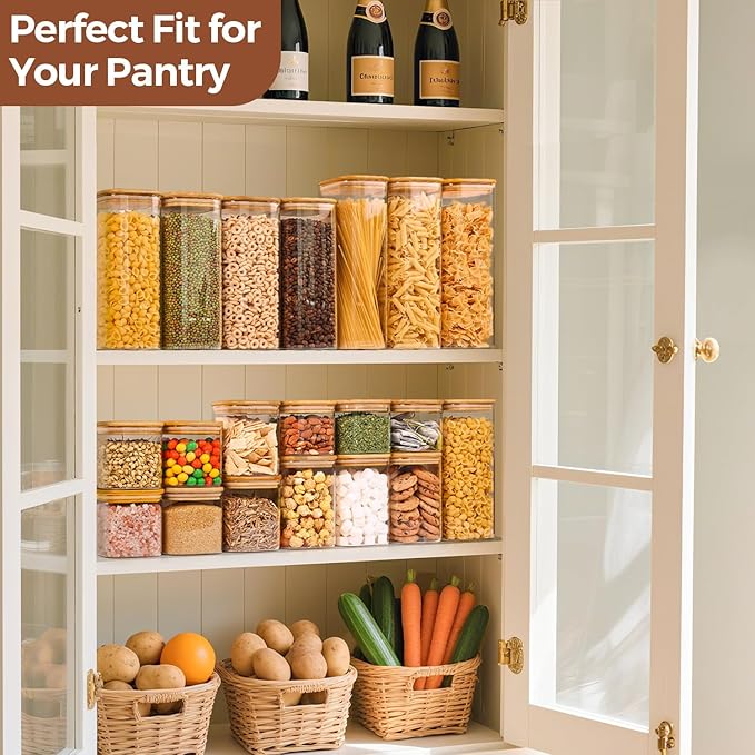 ComSaf 1.2 QT Glass Storage Containers with Lids, Glass Jars with Lids, Clear Food Jar, Square Canister Set of 6, Pantry Organizers and Storage for Cookie Flour Oat Pasta Tea Coffee Bean (Pack of 2)