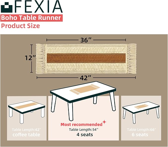 FEXIA Boho Table Runner 36 Inches Long Thanksgiving Decor Macrame Table Runner Farmhouse Stylewith Tassels for Party Bohemian Rustic Wedding Bridal Shower Dining Decor Middle Brown (12x36 Inches)