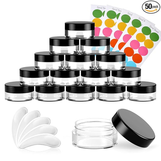 50 Pack 5 Gram 0.17OZ Clear Plastic Containers with Lids, Small Round Cosmetic Jars Makeup Travel Containers Jar for Cream, Bead, Eye Shadow, Samples, Jewelry, Lotions, Powders, Glitters Lip Gloss
