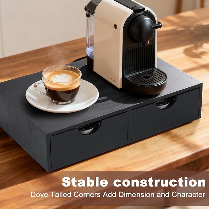 Wooden K Cup Organizer Coffee Pod Storage Box, Coffee Pod and Tea Bag Holder,Kcup Drawer Coffee Maker Stand,Home Kitchen Counter Holds Up to 30 Pods Capacity (2 Drawer) (Elegant Black)