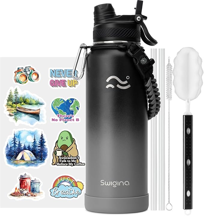 Swigina [2-IN-1 LID] Insulated Water Bottle with Silicone Boot (36hrs Cold/18hrs Hot) - DIY Stickers, Leakproof, BPA Free, 40 oz