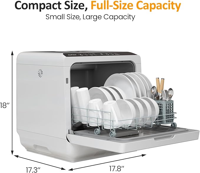 Sunvivi Portable Dishwasher with 152OZ Water Tank, 18" Countertop Dishwasher Machine fits up to 12" plates, Energy Star, 6 Preset Mode, 12H Delay Start, Small Dish Washer for Dorm RV&Apartment, White