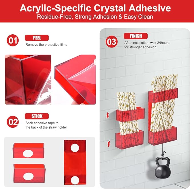 2 PACK Acrylic Straw Holder for Cabinet Doors, Reusable Straw Organizer with Ultra-Sticky Adhesive, Small Kitchen Accessories Container, Fits Both Short & Long Straws (Red)