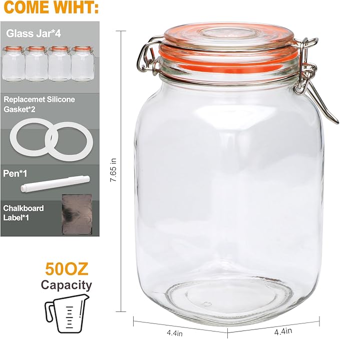 50oz Glass Jars with Clamp Lids,Set of 4,1500ml Square Wide Mouth Mason Jars with Airtight Lids,Large Glass Storage Container with Clip Lid for Kitchen,Flour,Pasta,Beans