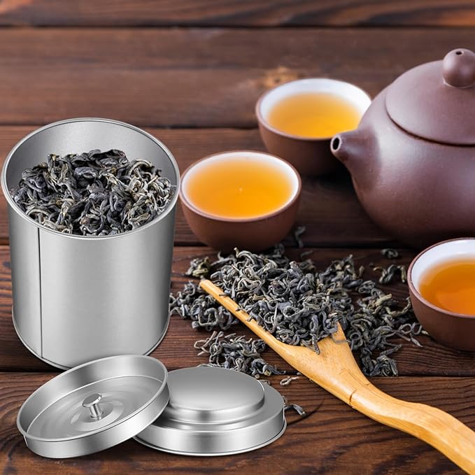 Meanplan 12 Pcs Tea Tin Canister with Airtight Double Lids Round Tin Can Box Small Kitchen Tea Canister Loose Leaf Storage Containers for Loose Bags Coffee Sugar Candy Spices(Silver,16 oz)