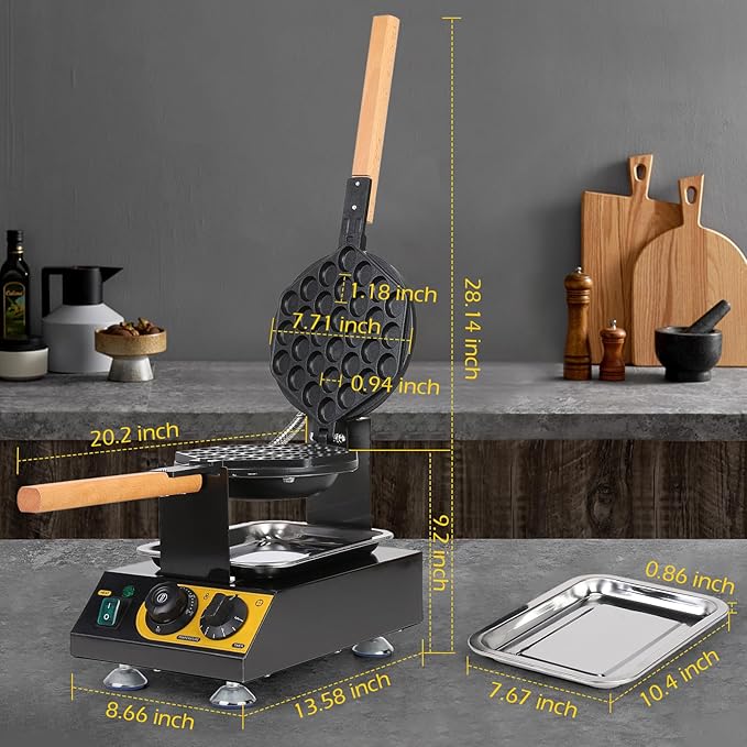 Dyna-Living Bubble Waffle Maker Commercial Bubble Waffle Machine, 1400W Egg Waffle Machine Non-stick Waffle Egg Maker with Crumb Tray, 30 Egg Cones Hong Kong Style Bubble Egg Waffle, 180° Rotating