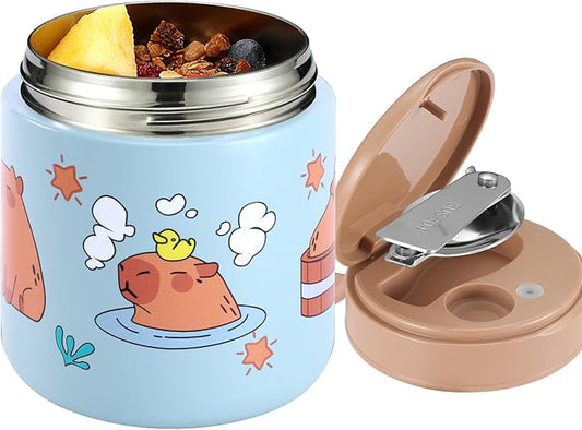 15.2oz Kids Thermo for Hot Food – Vacuum Insulated Food Jar with 316 Stainless Steel Interior, Leakproof Wide Mouth Soup Thermos for School Lunch (Capybaras Blue)