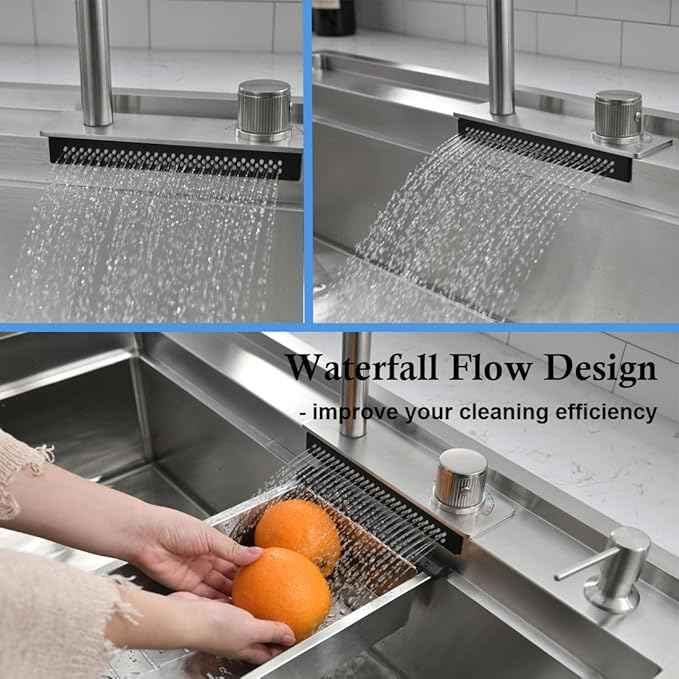 30 inch Drop in Kitchen Sink Waterfall Workstation with Faucet Combo-VOKIM 30x22 Drop-in sink 16 Gauge Stainless Steel Single Bowl Kitchen Sink with Cutting Board