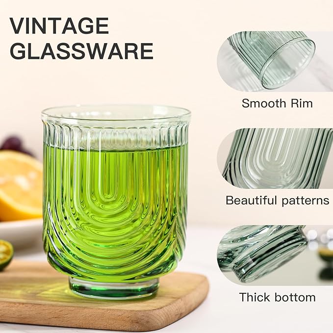 JOVGANK Green Vintage Glassware Set of 6-14Oz Green Water Drinking Glass, Art Deco Ripple Highball Glass, Whiskey Cocktail Glasses, for Bar Ice Coffee Juice, Housewarming Gifts and Mother's Day Gift