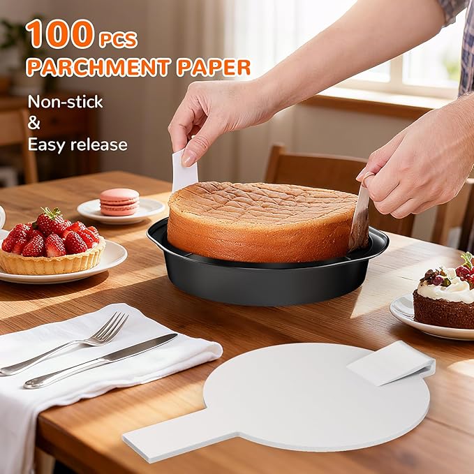 9 Inch Round Cake Pan with Handle, 3PCS Nonstick Cake Pans with 100 PCS Parchment Paper