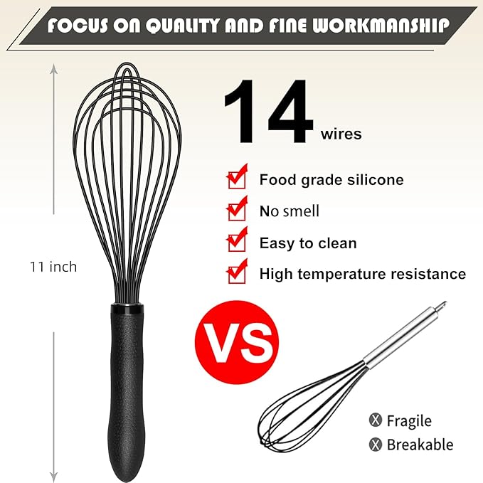 TEEVEA Silicone Whisk Stainless Steel Heat Resistant Non Scratch Kitchen Cooking Utensil for Blending Whisking Beating Frothing Stirring 11 Inch Black
