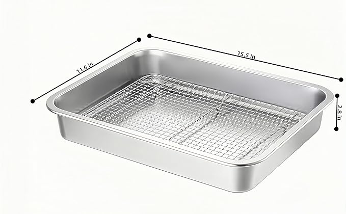 Stainless Steel Sturdy Roasting Pan with Cooling Rack – Oven, Toaster & Grill Safe, Deep Edge, Smooth Finish, Dishwasher Safe – Perfect for Turkey, Chicken, BBQ (15.5x11.6x2.8in)
