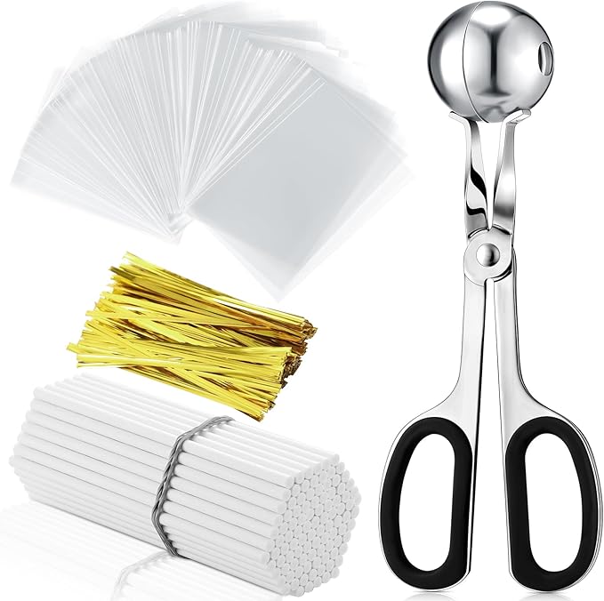 Yinkin Cake Pop Mold Sticks and Wrappers Cake Pop Kit Set Include 100 Parcel Bags 100 Papery Treat Sticks Metallic Twist Ties Scooper Ball Maker Lollipop Tools for Candy Chocolates and Cookies(Black)