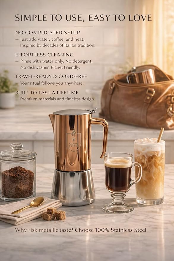 FIAMMA & FERRO Premium Italian Espresso Maker - 12-Cup (20oz) Stainless Steel Moka Pot, Copper PVD Finish, Induction Compatible, No Aluminum