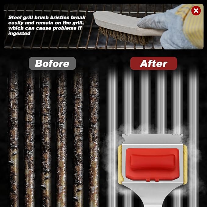 Steam Safe Grill Cleaning Brush Bristle Free for Outdoor Grill with 15" Extended Handle, 3X Thick Aramid Fabric Replaceable Brush Heads, Heavy Duty Triple-Groove Scraper Design for All Grates, Red