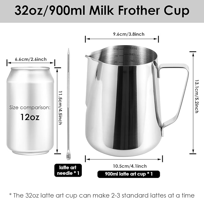 900ml Stainless Steel Milk Frothing Pitcher with Measurement Marks, 32oz Steaming Pitcher for Coffee, Cappuccino, Latte Art Milk Jug Cup for Home & Professional Use (1)