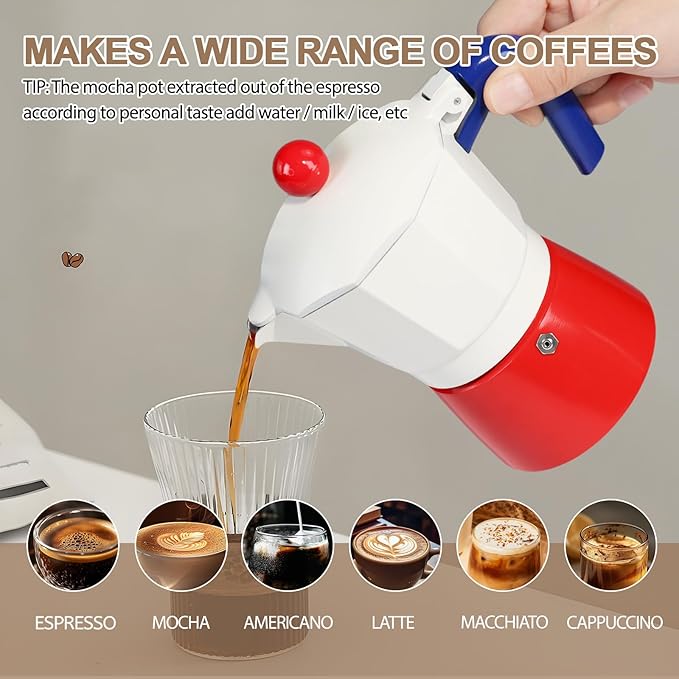 Aluminum 3 Cup 150ml Moka Pot Express Coffee Maker Stovetop Espresso Colorful Coffeemaker Italian Classic Style Brewing Greca Cafe Mocha Machine for Cafeteras Lover Camping Travel and Home Use 5oz