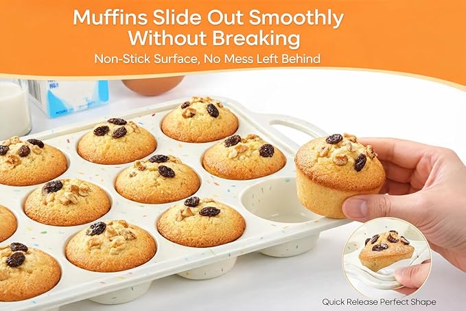 2-Pack 12-Cup Silicone Cupcake Pan, Nonstick Flexible Muffin Pan, Dishwasher Safe Muffin Tray with Handles, Seamless Silicone Muffin Tin for Baking Egg Bites & Cupcakes