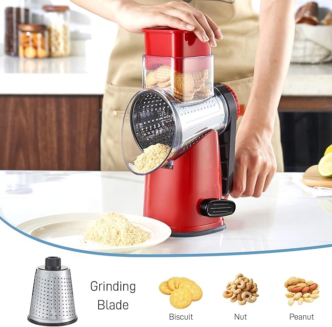 VEKAYA Cheese Grater, Cheese Grater Hand Crank, 4 Interchangeable Blades Cheese Shredder, Vegetable Slicer, Non-slip Suction Base, Easy to Clean Rotary Grater with Handle (Red)