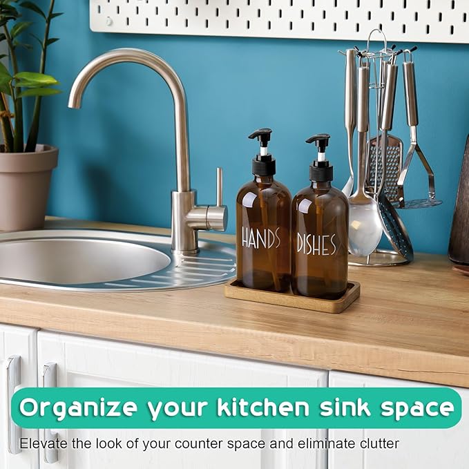 ALELION Amber Dlass Soap Dispenser for Kitchen - 16 OZ Hand and Dish Soap Dispenser Set with Acacia Wood Tray - for Kitchen Decor and Accessories