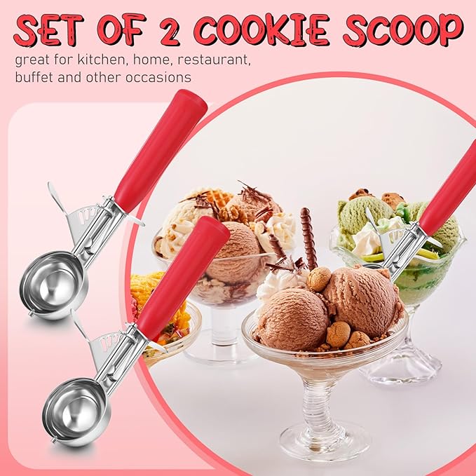 Reallnaive 2 Pcs Release Cookie Scoops Ice Cream Scooper with Trigger Release Portion Scoop Stainless Steel for Portion Control, Baking Food, Cookie Dough (1.33 oz,Red)