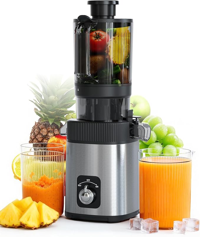 Kndko Cold Press Juicer with 4.35" Wide Feed Chute, Slow Masticating Machine Fit Whole Fruits & Vegetables, High Juice Yield, Stainless Steel Juicer Machine with Large Auger, Easy to Clean