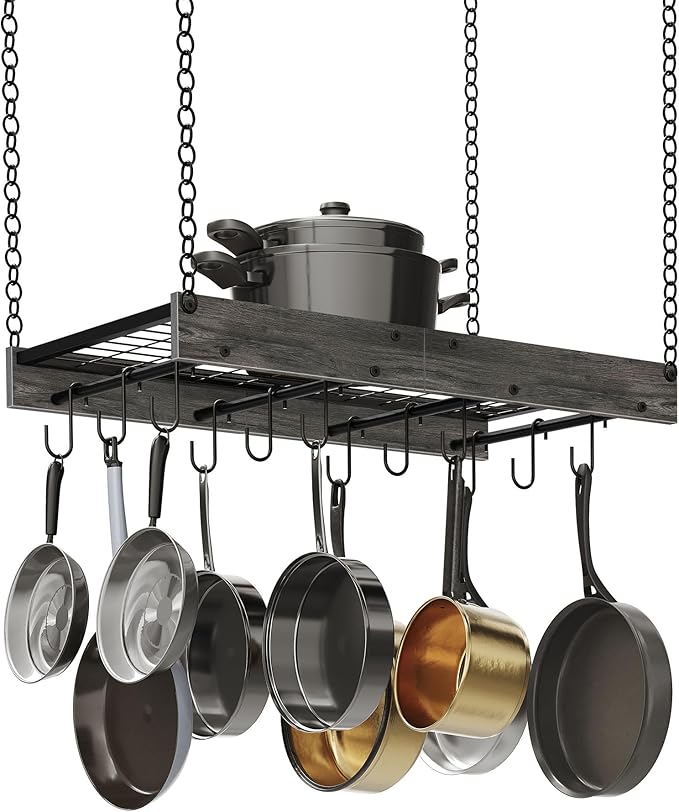 CHOEZON Hanging Pot Rack, Ceiling Mounted Pot Hanger, Vintage Pot Rack for Kitchen, Pot Storage Organizer, with 12 S-Shaped Hooks, for Cookware Storage, Space Saving, Charcoal Black and Black TPR01BC