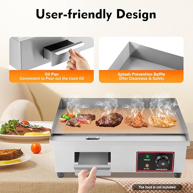 22 Inch Commercial Electric Griddle Flat Top, 110V 1.6KW Grill Hot Plate BBQ Countertop, Stainless Steel Electric Table Stove Fry Pan Adjustable Suitable For Kitchen, Steak Restaurants