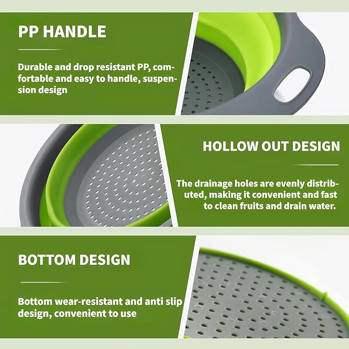 Silicone Colander Collapsible Strainers Set for Kitchen- 2 Pack (5Qt) -Over Home Draining Basket, Food Vegetables & Fruits-Dishwasher Safe, Space Saving Design (Greeen)