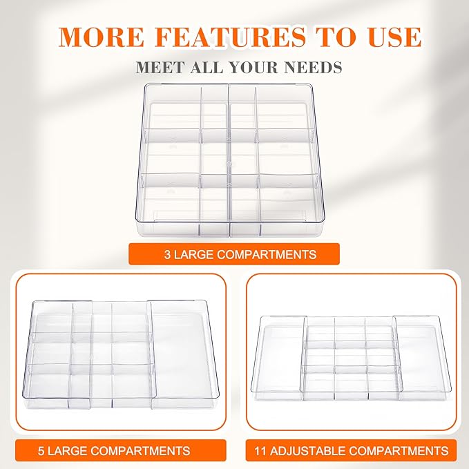 Briwooody 1 Pcs Large Expandable Acrylic Drawer Organizers, Grid Adjustable Drawer, Dividers Organizer for Desk, Makeup, Jewelry, Office, Kitchen Supplies (Clear,11 Compartments)