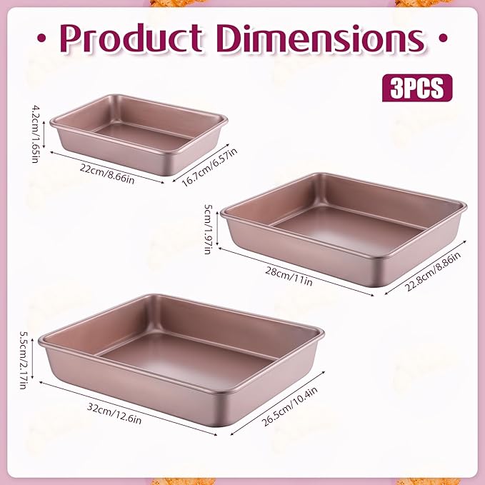 Deep Baking Pans Set of 3, Stainless Steel Sheet Cake Pan Nonstick Rectangle Cake-Baking Sheet, Metal Oven Tray 13/11/9 Inch for Cake Lasagna Brownie Casserole Cookie, Golden