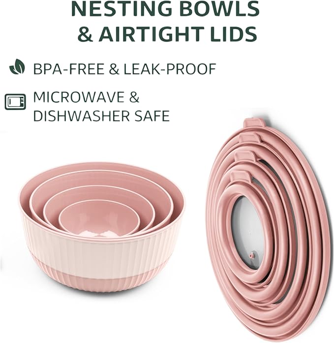 Mixing Bowls with Lids, 8-Piece Airtight Leak-Proof Nesting BPA-Free Bowl Set for Kitchen & Food Storage, Large 4200ml Capacity, Microwave & Dishwasher Safe